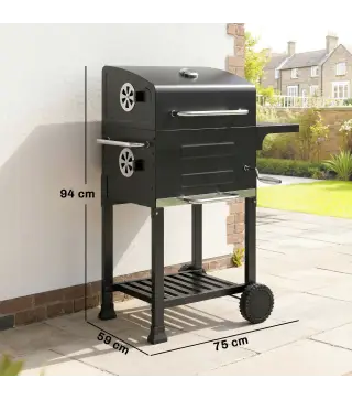 Barbacoa de Carbón Portátil con Parrilla de Acero Inoxidable Estante Lateral Termómetro Bandeja y Ruedas Negro