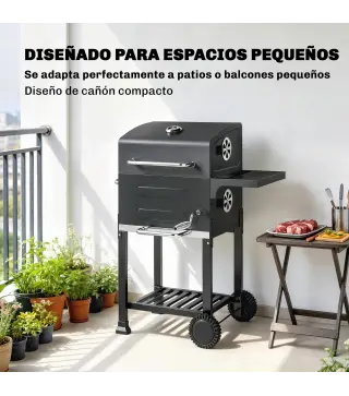 Barbacoa de Carbón Portátil con Parrilla de Acero Inoxidable Estante Lateral Termómetro Bandeja y Ruedas Negro