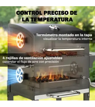 Barbacoa de Carbón Portátil con Parrilla de Acero Inoxidable Estante Lateral Termómetro Bandeja y Ruedas Negro
