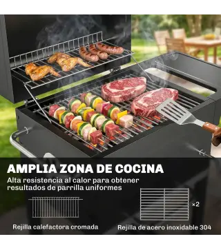 Barbacoa de Carbón Portátil con Parrilla de Acero Inoxidable Estante Lateral Termómetro Bandeja y Ruedas Negro