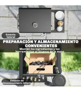 Barbacoa de Carbón Portátil con Parrilla de Acero Inoxidable Estante Lateral Termómetro Bandeja y Ruedas Negro