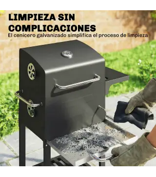 Barbacoa de Carbón Portátil con Parrilla de Acero Inoxidable Estante Lateral Termómetro Bandeja y Ruedas Negro