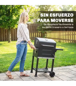 Barbacoa de Carbón Portátil con Parrilla de Acero Inoxidable Estante Lateral Termómetro Bandeja y Ruedas Negro