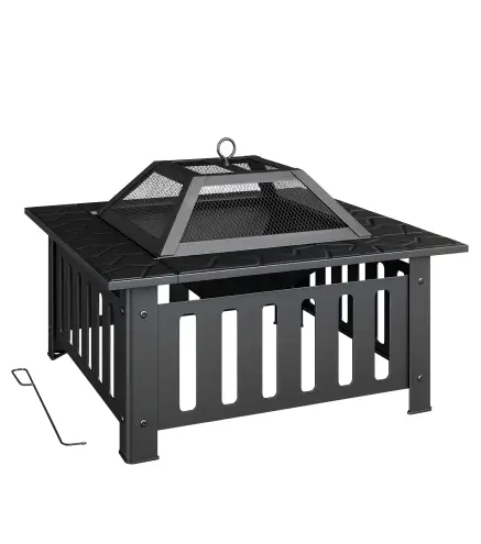 Brasero Exterior de Acero Cuadrado 67x67x47 cm Brasero Exterior Jardín con Atizador Tapa de Malla para Fiesta Negro