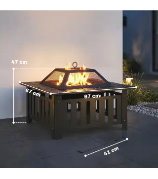 Brasero Exterior de Acero Cuadrado 67x67x47 cm Brasero Exterior Jardín con Atizador Tapa de Malla para Fiesta Negro