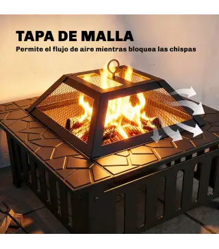 Brasero Exterior de Acero Cuadrado 67x67x47 cm Brasero Exterior Jardín con Atizador Tapa de Malla para Fiesta Negro