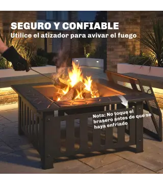 Brasero Exterior de Acero Cuadrado 67x67x47 cm Brasero Exterior Jardín con Atizador Tapa de Malla para Fiesta Negro