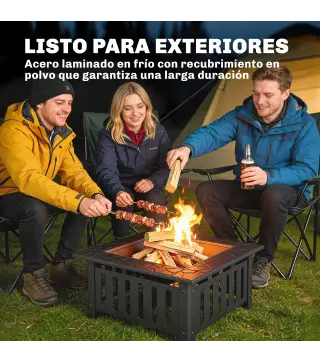 Brasero Exterior de Acero Cuadrado 67x67x47 cm Brasero Exterior Jardín con Atizador Tapa de Malla para Fiesta Negro