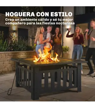 Brasero Exterior de Acero Cuadrado 67x67x47 cm Brasero Exterior Jardín con Atizador Tapa de Malla para Fiesta Negro