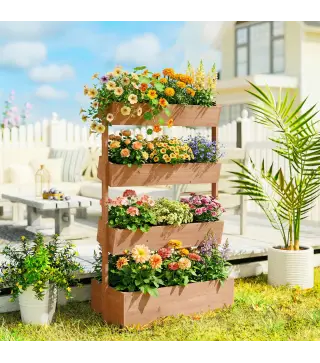 Jardinera de Madera de 4 Niveles Jardinera Elevada Exterior con Orificios de Drenaje Tela no Tejida Marrón