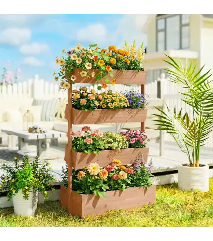 Jardinera de Madera de 4 Niveles Jardinera Elevada Exterior con Orificios de Drenaje Tela no Tejida Marrón