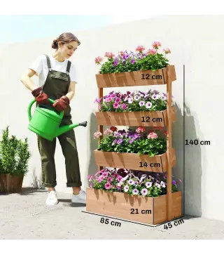 Jardinera de Madera de 4 Niveles Jardinera Elevada Exterior con Orificios de Drenaje Tela no Tejida Marrón