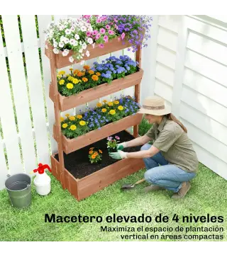 Jardinera de Madera de 4 Niveles Jardinera Elevada Exterior con Orificios de Drenaje Tela no Tejida Marrón