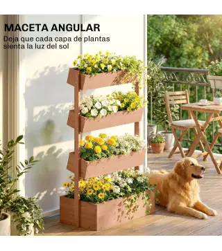 Jardinera de Madera de 4 Niveles Jardinera Elevada Exterior con Orificios de Drenaje Tela no Tejida Marrón