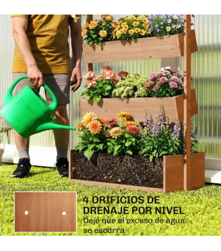 Jardinera de Madera de 4 Niveles Jardinera Elevada Exterior con Orificios de Drenaje Tela no Tejida Marrón