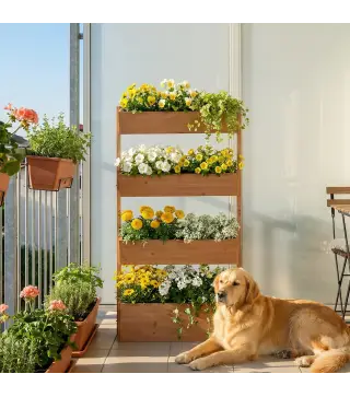 Jardinera de Madera de 4 Niveles Jardinera Elevada Exterior con Orificios de Drenaje Tela no Tejida Marrón