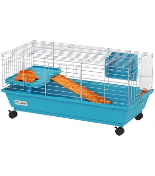 Jaula para Animales Pequeños con Ruedas Botella Comedero Dispensador de Heno para Conejos y Cobayas 89x44x43 cm Azul