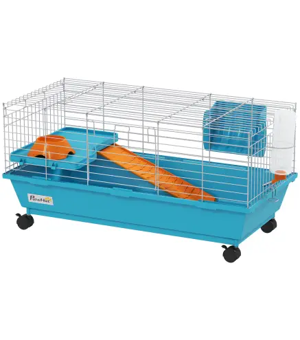 Jaula para Animales Pequeños con Ruedas Botella Comedero Dispensador de Heno para Conejos y Cobayas 89x44x43 cm Azul