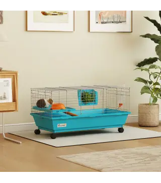 Jaula para Animales Pequeños con Ruedas Botella Comedero Dispensador de Heno para Conejos y Cobayas 89x44x43 cm Azul