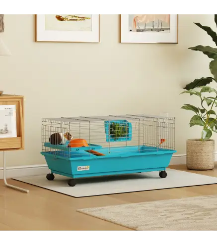 Jaula para Animales Pequeños con Ruedas Botella Comedero Dispensador de Heno para Conejos y Cobayas 89x44x43 cm Azul