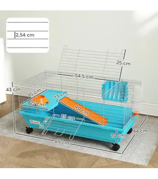 Jaula para Animales Pequeños con Ruedas Botella Comedero Dispensador de Heno para Conejos y Cobayas 89x44x43 cm Azul