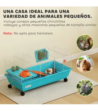 Jaula para Animales Pequeños con Ruedas Botella Comedero Dispensador de Heno para Conejos y Cobayas 89x44x43 cm Azul