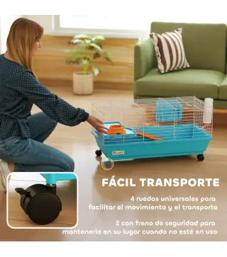 Jaula para Animales Pequeños con Ruedas Botella Comedero Dispensador de Heno para Conejos y Cobayas 89x44x43 cm Azul