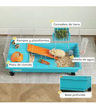 Jaula para Animales Pequeños con Ruedas Botella Comedero Dispensador de Heno para Conejos y Cobayas 89x44x43 cm Azul