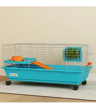 Jaula para Animales Pequeños con Ruedas Botella Comedero Dispensador de Heno para Conejos y Cobayas 89x44x43 cm Azul