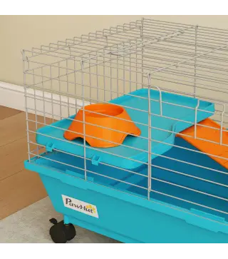 Jaula para Animales Pequeños con Ruedas Botella Comedero Dispensador de Heno para Conejos y Cobayas 89x44x43 cm Azul