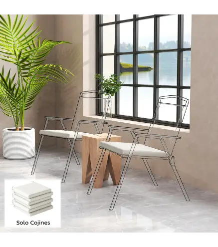 Juego de Cojines para Sillas de Comedor 46x42x7 cm 6 Piezas con Funda Lavable y Lazos, Impermeable y Anti-UV Crema