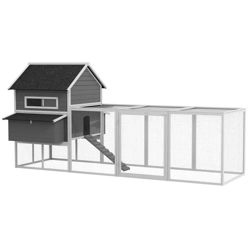 Gallinero de Exterior de Madera para 8-10 Gallinas con 2 Nidos Bandeja Extraíble y Rampa 347x160x150 cm Gris y Blanco Gallinero de Exterior de Madera para 8-10 Gallinas con 2 Nidos Bandeja Extraíble y Rampa 347x160x150 cm Gris y Blanco