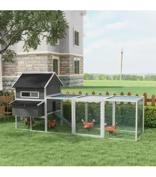 Gallinero de Exterior de Madera para 8-10 Gallinas con 2 Nidos Bandeja Extraíble y Rampa 347x160x150 cm Gris y Blanco