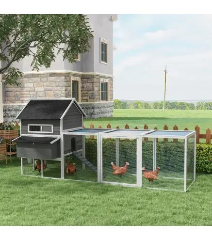 Gallinero de Exterior de Madera para 8-10 Gallinas con 2 Nidos Bandeja Extraíble y Rampa 347x160x150 cm Gris y Blanco