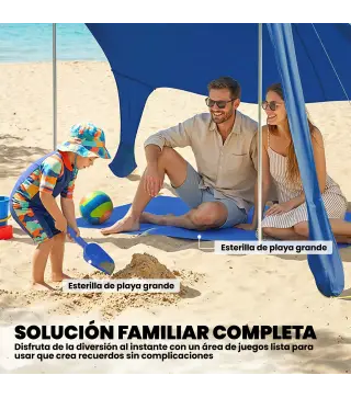 Carpa Playa Plegable con Esterilla UPF50+ Postes de Aluminio Pala Estacas y Bolsa de Transporte Azul