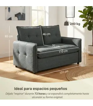 Sofá de 2 Plazas Tapizado en Lino con Acolchado Grueso, Diseño Capitoné para Espacios Pequeños 131x75x85 cm Gris Oscuro