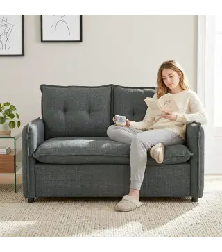 Sofá de 2 Plazas Tapizado en Lino con Acolchado Grueso, Diseño Capitoné para Espacios Pequeños 131x75x85 cm Gris Oscuro