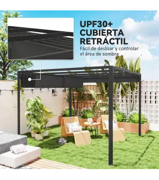 Pérgola de Jardín de Aluminio 3x3 m con Techo Retráctil Lateral Enrollable UPF30+ Cenador de Jardín para Exterior Gris