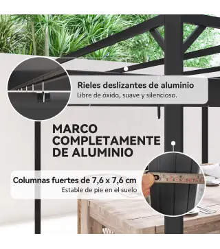 Pérgola de Jardín de Aluminio 3x3 m con Techo Retráctil Lateral Enrollable UPF30+ Cenador de Jardín para Exterior Gris