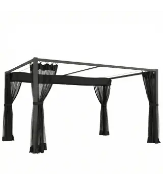 Pérgola de Jardín 3x4 m con Techo Retráctil 4 Laterales de Malla UPF30+ Cenador de Jardín para Patio Exterior Gris