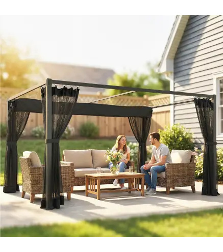 Pérgola de Jardín 3x4 m con Techo Retráctil 4 Laterales de Malla UPF30+ Cenador de Jardín para Patio Exterior Gris
