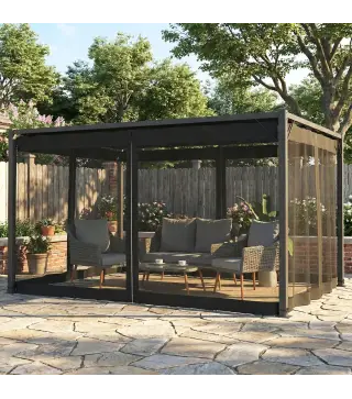 Pérgola de Jardín 3x4 m con Techo Retráctil 4 Laterales de Malla UPF30+ Cenador de Jardín para Patio Exterior Gris