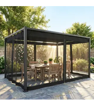 Pérgola de Jardín 3x4 m con Techo Retráctil 4 Laterales de Malla UPF30+ Cenador de Jardín para Patio Exterior Gris