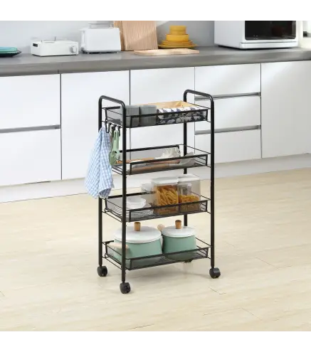 Carrito de Cocina de 4 Niveles Carrito de Almacenamiento con 4 Ganchos Carga 12 kg para Comedor Baño 45x26,5x84 cm Negro