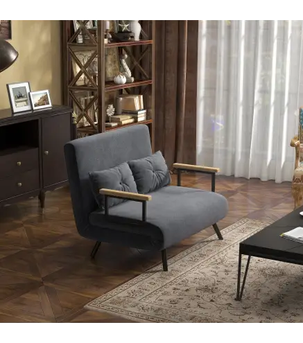 Sofá Cama Convertible 4 en 1 Sillón Cama 2 Plazas Plegable Respaldo Ajustable de 5 Niveles Almohadas 102x73x81cm Gris