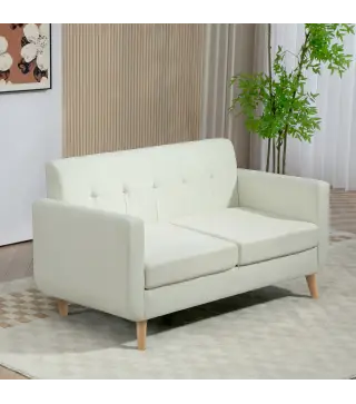 Sofá de 2 Plazas Tapizado en Lino con Reposabrazos y Patas de Madera Carga 250 kg para Dormitorio Oficina Crema