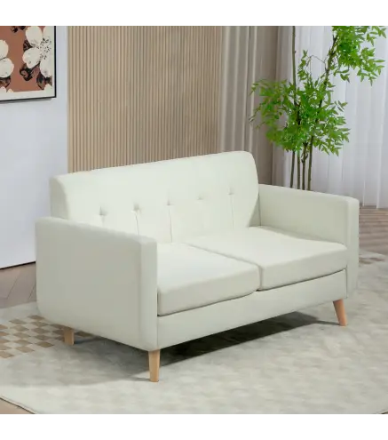 Sofá de 2 Plazas Tapizado en Lino con Reposabrazos y Patas de Madera Carga 250 kg para Dormitorio Oficina Crema