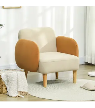 Butaca para Dormitorio con Reposabrazos y Patas de Madera Sofá Individual Carga 120 kg Beige y Ocre