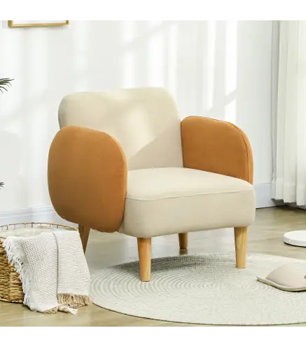 Butaca para Dormitorio con Reposabrazos y Patas de Madera Sofá Individual Carga 120 kg Beige y Ocre