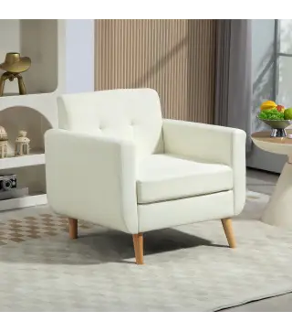 Butaca para Dormitorio con Reposabrazos y Patas de Madera Sofá Individual Carga 125 kg Crema